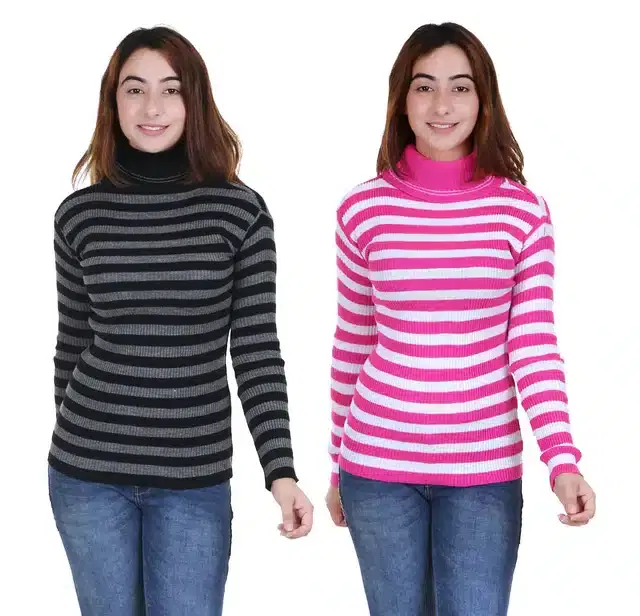 Full Sleeves Striped Sweater for Women, Pack of 2 (Grey & Pink, L)