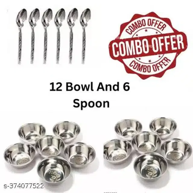 Stainless Steel 12 Pcs Bowls with 6 Pcs Spoon, Silver, Set of 2