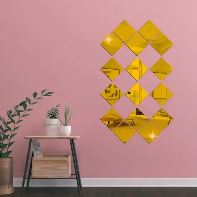 Acrylic Square Shaped Wall Mirror Stickers, Gold, Pack of 16