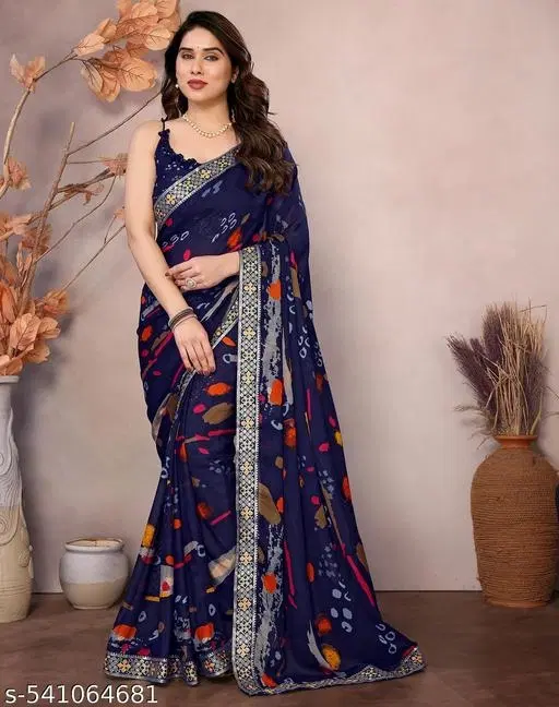 Georgette Printed Saree for Women, Navy Blue (6.3 m)