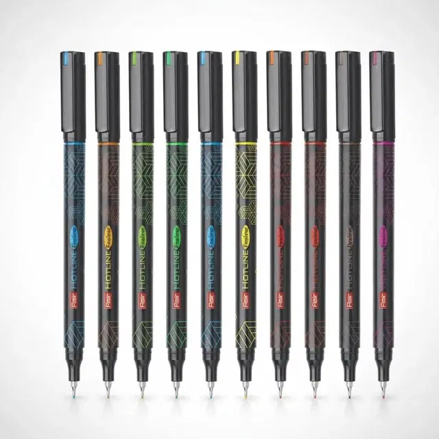FLAIR Hotline Fineliner Metal Tip Pen | Tip Size 0.7 to 1 mm | Comfortable Grip | Fineliner Pens Set For Mandala, Sketching, Doodling, Journal and Outline 10 Shades., Multicolor, Pack of 10