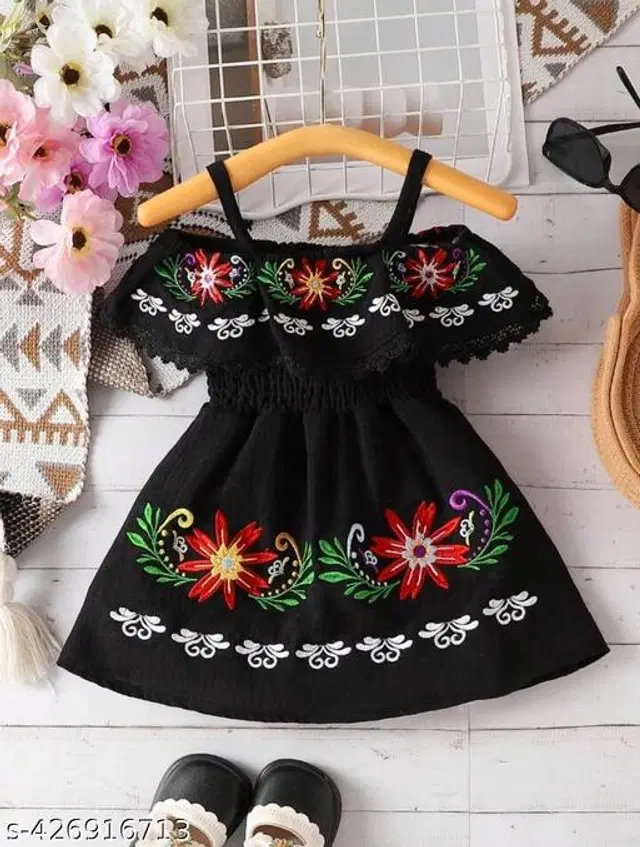 Cotton Frock for Girls (Black, 3-6 Months)