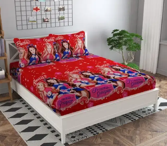 Polycotton Printed Double Bedsheet with Two Pillow Covers, Pink, 90x90 Inches