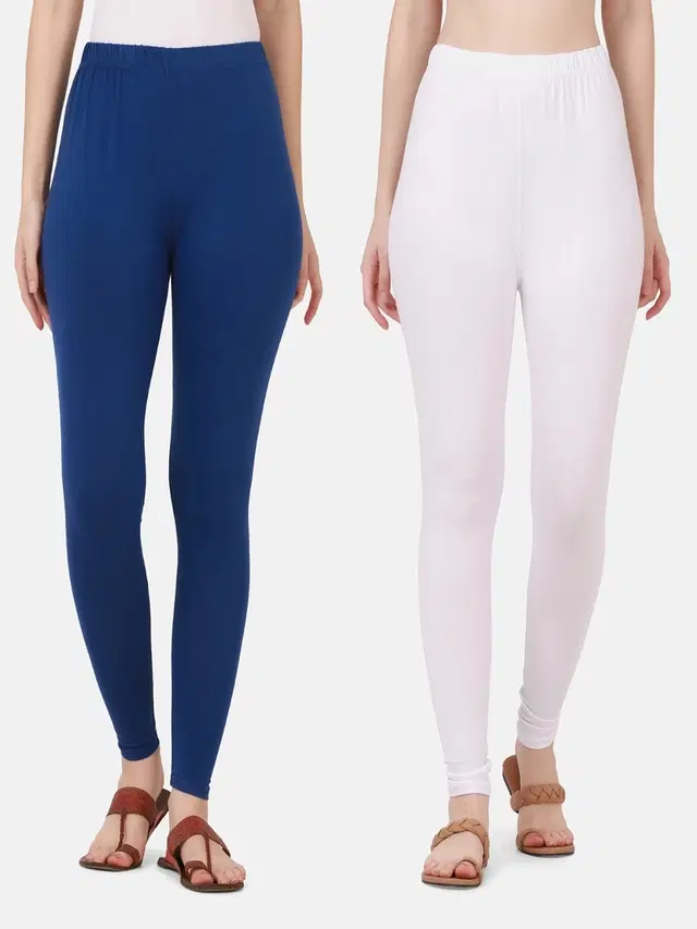 Cotton Solid Leggings for Women, Pack of 2 (Royal Blue & White, M)