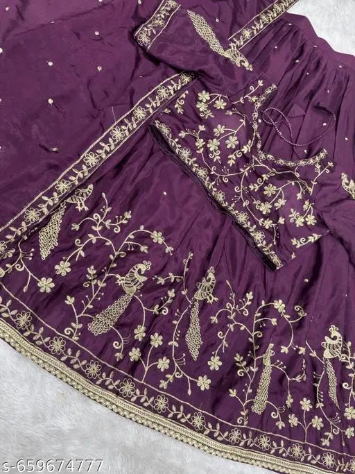 Embroidered Lehenga Choli for Women (Wine, Semi Stitched)