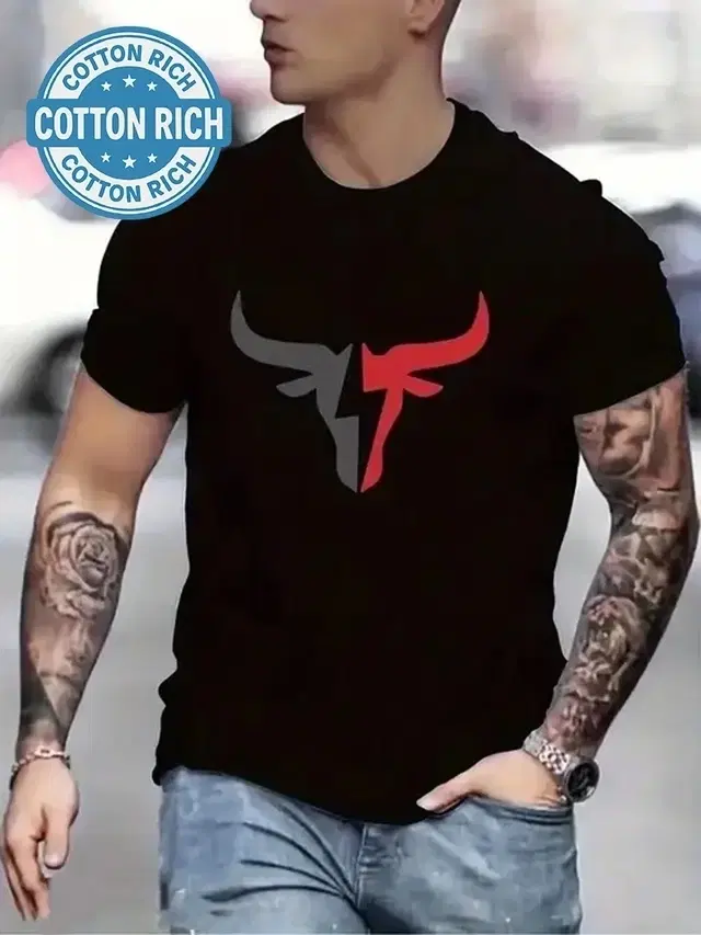 Cotton Blend Round Neck Bull Printed T-Shirt for Men, Black (L)