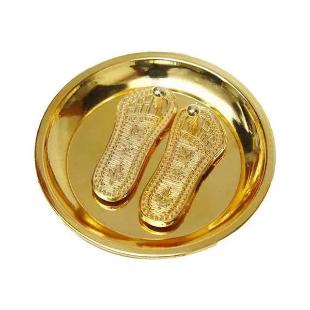 Brass Shri Maa Lakshmi Charan Paduka With Plate, Gold, A-9