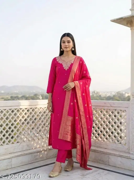 Embroidered Acrylic Kurta Set for Women (Beige, M)