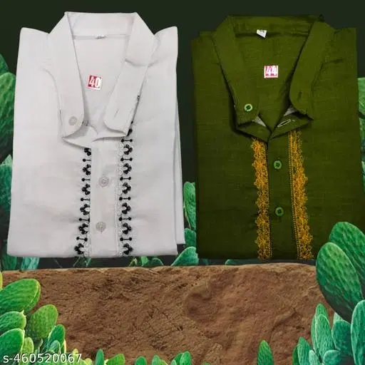 Cotton Solid Kurta for Men, White & Olive, Pack of 2 (M)