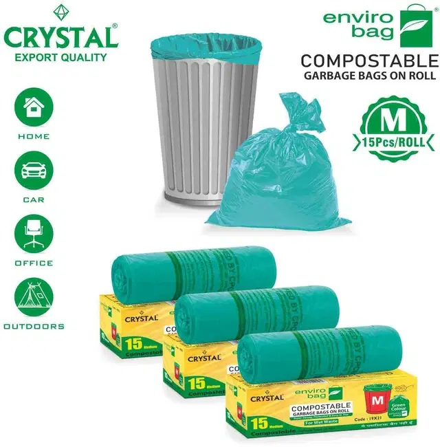 Crystal 15 Pcs Garbage Bags Rolls, Green, 25 L, Set of 3