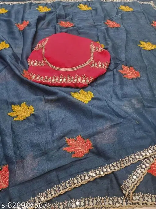 Embroidered Floral Crush Saree (Blue, Free Size)