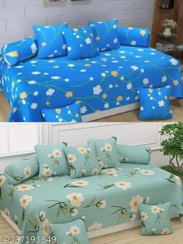 Polycotton Diwan Cover Set, Aqua Green & Sky Blue, Combo of 2