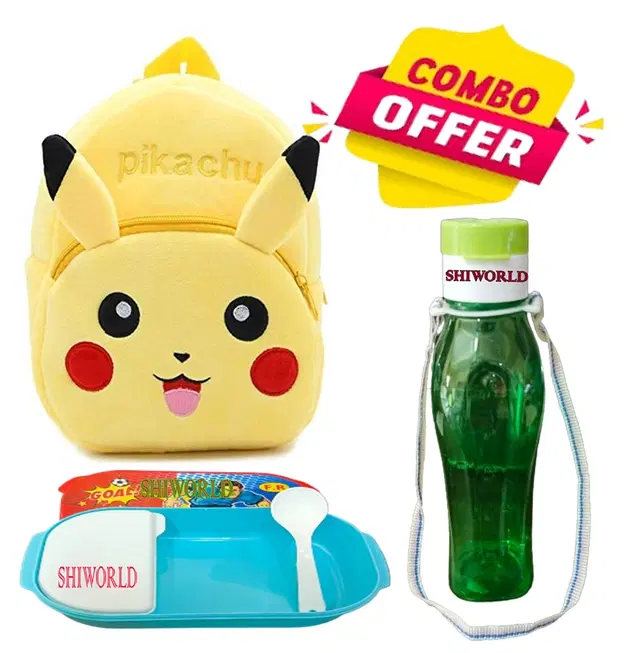 Combo of Fabric School Bag, Water Bottle with Lunch Box for Kids, Multicolor, Set of 3