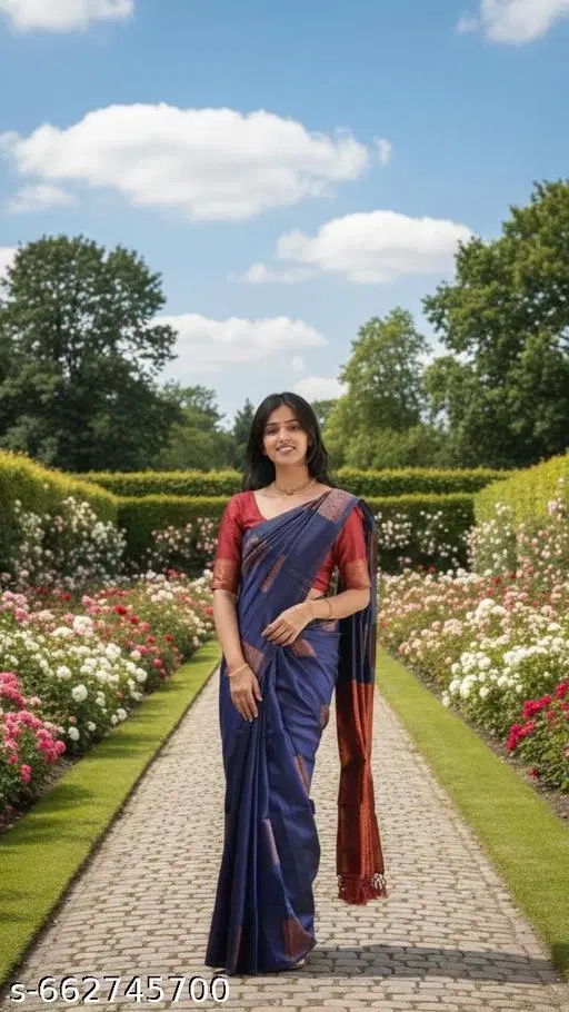 Art Silk Saree for Women (Blue, Free Size)
