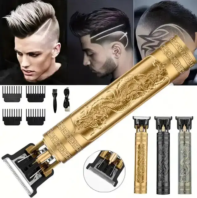 Professional Rechargeable T9 Trimmer with 4 Guide Combs Brush for Men, Gold