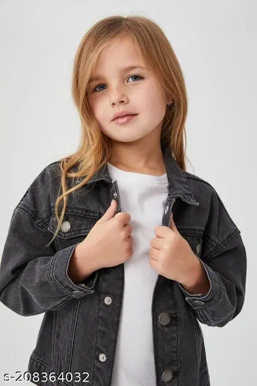 Denim Solid Jacket for Girls (Black, 7-8 Years)