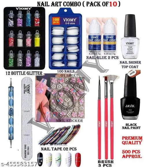 Professional Nail Art Combo Artificial Nail Extension With Nail Art Tools ( Pack Of 10 Items)