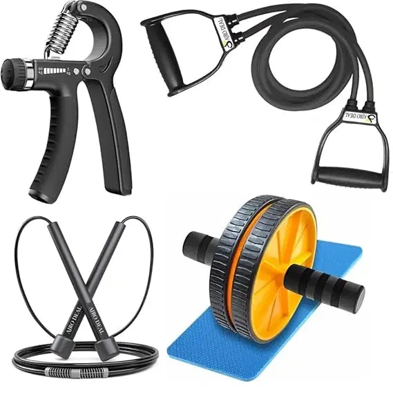 Home Fitness Strength Training Kit With Hand Gripper, Resistance Bands & Ab Roller