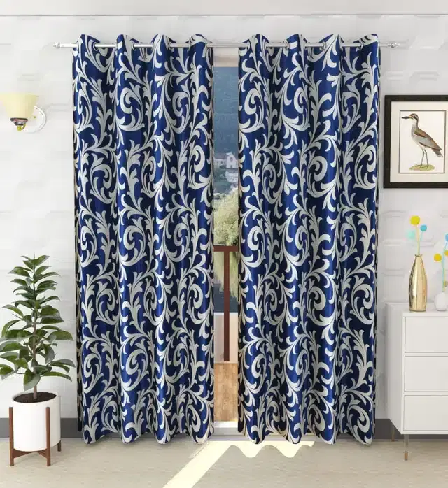 Polyester Printed Window & Door Curtains, Pack of 2, Blue, 5 feet