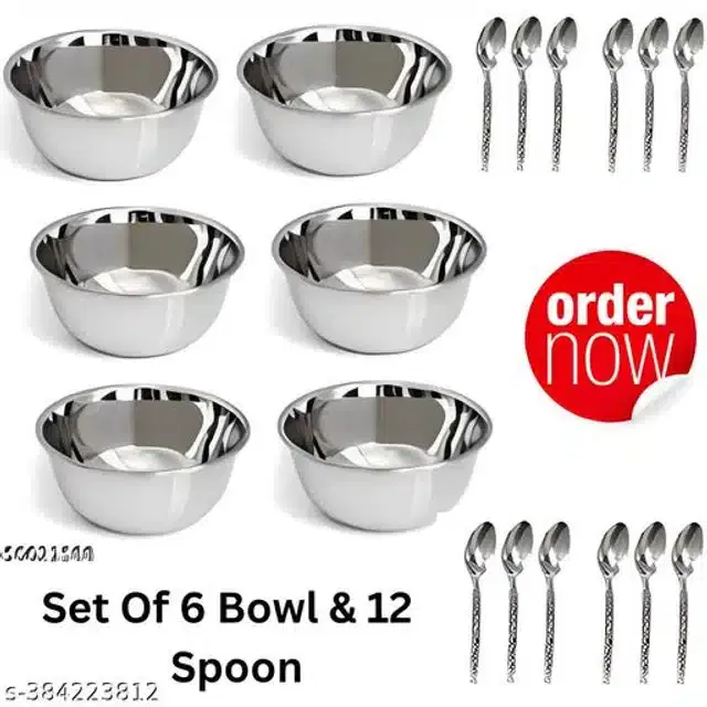 Stainless Steel 6 Pcs Bowls with 12 Pcs Spoon, Silver, Set of 2