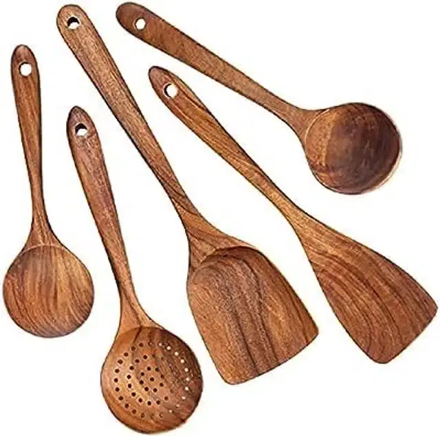 Wooden Cooking & Serving Spoons, Brown, Set of 5