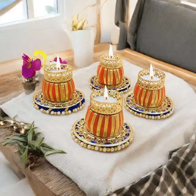 Metal Designer Tealight Candle Holder, Orange, 8x8x6 cm, Pack of 4