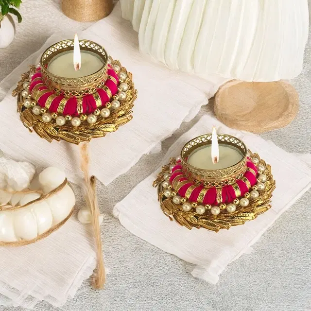 Metal Designer Tealight Candle Holder, Pink, 8.5x8.5x3.5 cm, Pack of 2