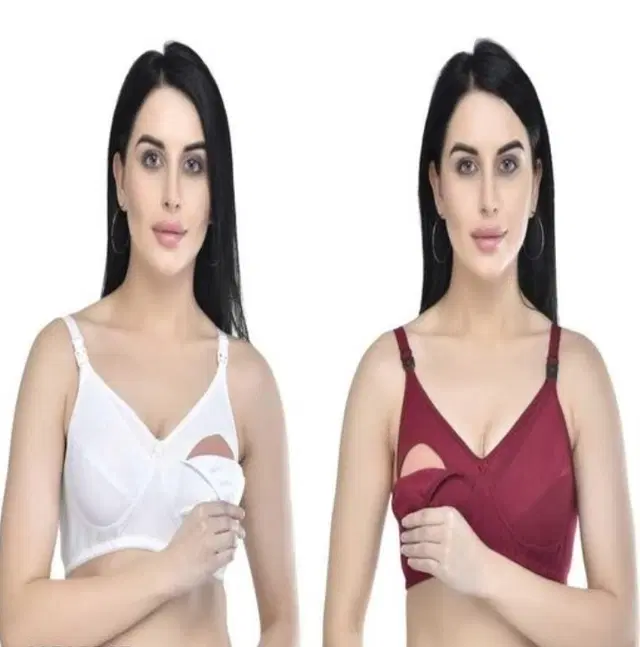 Cotton Blend Solid Non Padded Feeding Bras for Women, Pack of 2 (Multicolor, 36)
