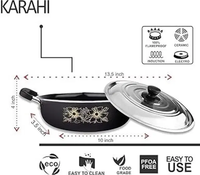 Cast Iron Kadai with Lid, Black & Silver, 28 cm