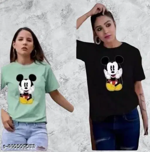 Cotton Blend Printed T-Shirt for Women, Black & Green, Pack of 2 (S)