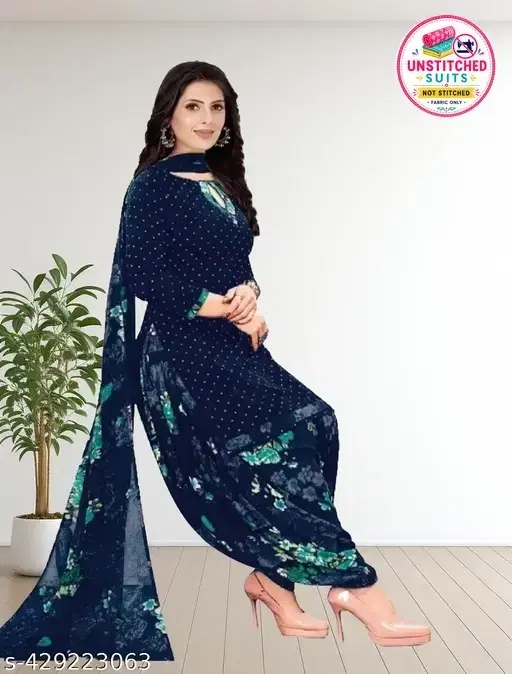 Crepe Printed unstitched suits for women, Navy Blue
