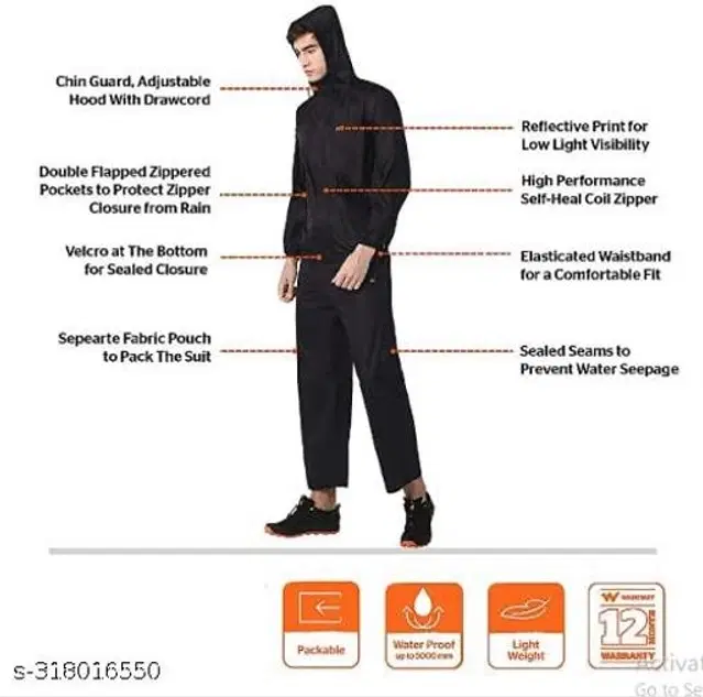 Polyester Rain Coat for Men, Black, M