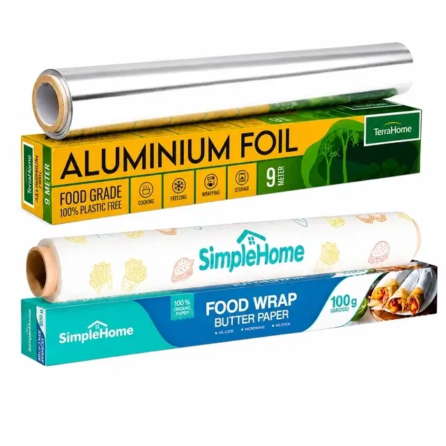SimpleHome Basic Food Wrapping Paper 100g [Gross] with TerraHome Aluminium Foil 9m [With in-built Cutter]