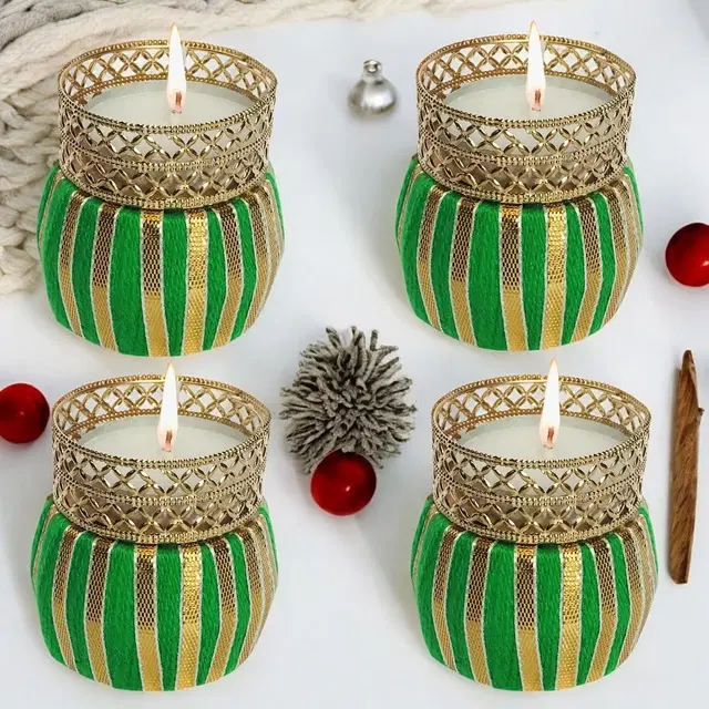 Metal Designer Tealight Candle Holder, Green, 4x4x5 cm, Pack of 4