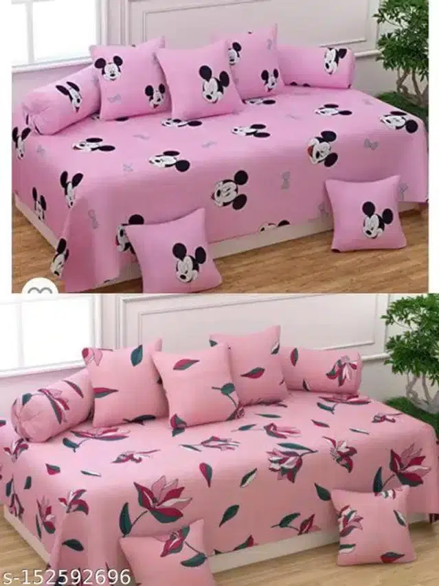 Polycotton Diwan Cover Set, Pink & Peach, Combo of 2