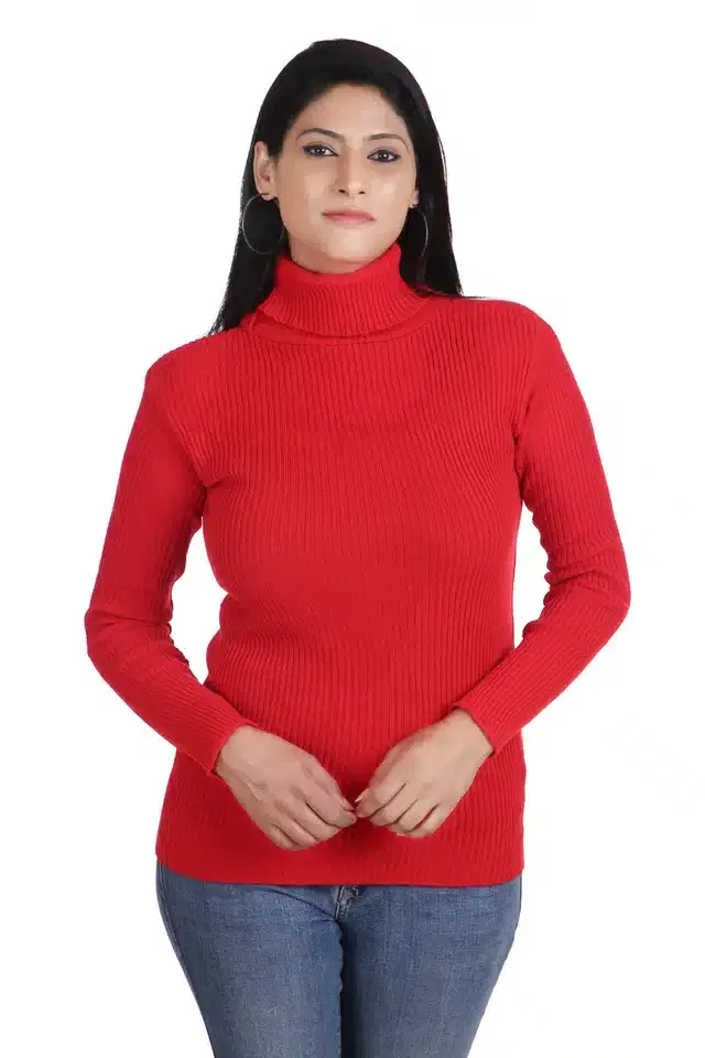 Full Sleeves High Neck Sweater for Women (Red, S)