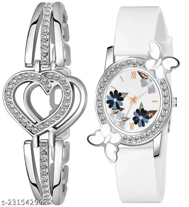 Analog Watch with Bracelet for Women, Set of 2 (Multicolor)