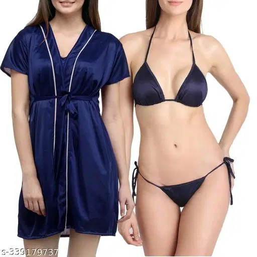 Satin Solid Babydoll for Women, Navy Blue (M)