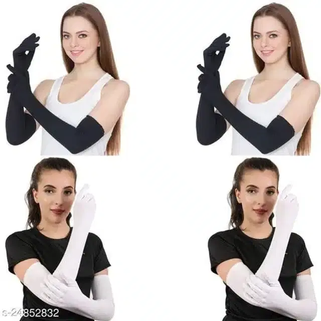 Full Sleeves Hand Gloves for Women, Set of 4 (Black & White)