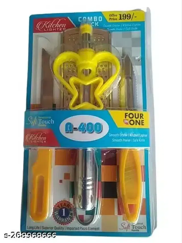 Knife & Gas Lighter with Peeler & Grater, Yellow, Set of 4