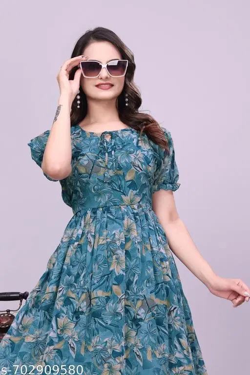 Maxi Floral Printed One Piece Dress (Blue, S)