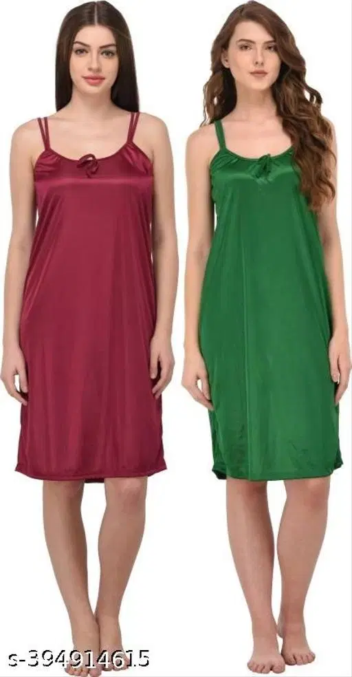 Satin Solid Nightdress for Women, Green & Dark Pink, Pack of 2 (S)