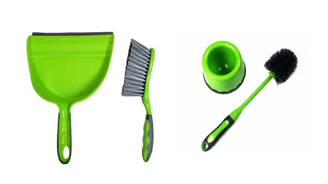 Combo of Plastic Toilet Brush with Stand, Dustpan & Brush, Green, Set of 3