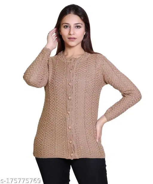 Acrylic Solid Sweater for Women (Beige, L)