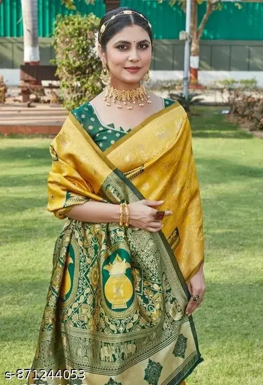 Zari Woven Banarasi Saree for Women (Yellow, Free Size)