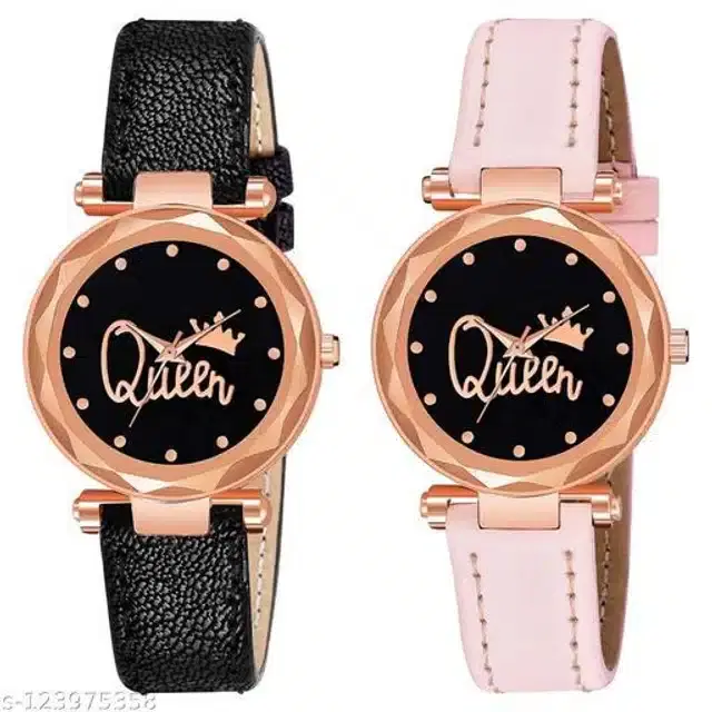 Analog Watch for Women, Pack of 2 (Pink & Black)