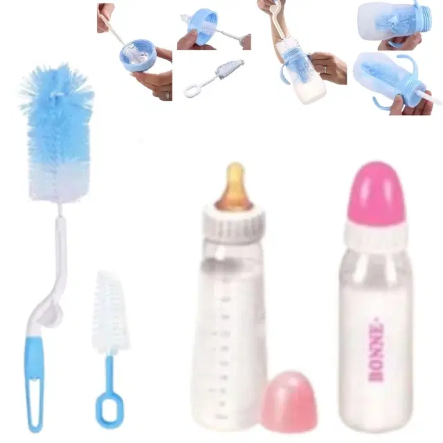 Combo of 2 Pcs Baby Milk Bottles, 225 ml with Bottle & Nipple Cleaning Brushes, Multicolor, Set of 4