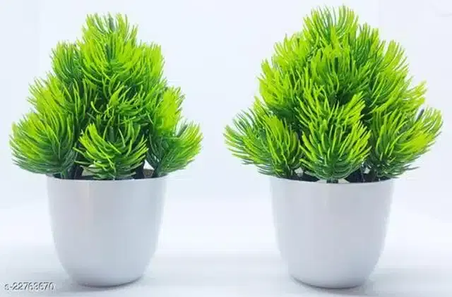Artificial Plants with Pot, Green & White, Pack of 2