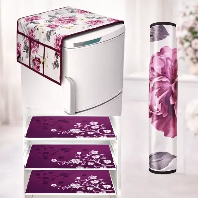 Krishna 1 Fridge Top Cover with 1 Handle cover & 3 Placemat (Set of 5) Purple