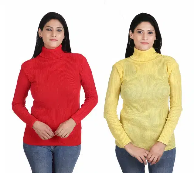 Full Sleeves High Neck Sweater for Women, Pack of 2 (Red & Yellow, L)